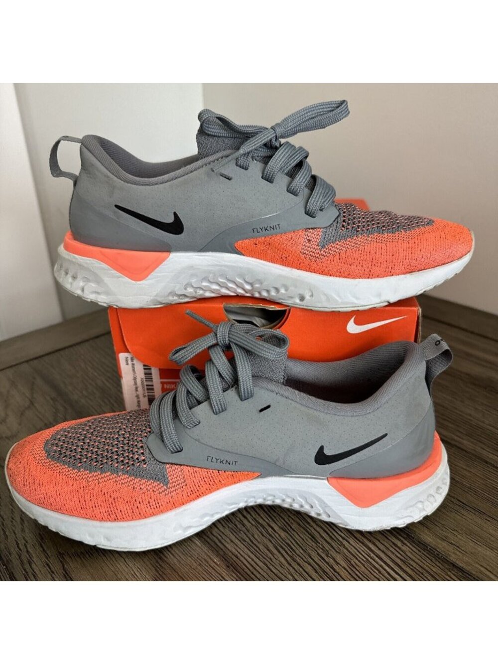 Nike Womens Odyssey React 2 Flyknit Running Shoes Gray/Orange Size 6.5 US W/Box
